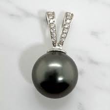Black Tahitian Pearl Diamond Pendant 14K White Gold ...
