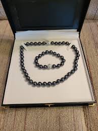 Vintage Faux Black Pearl Necklace and Bracelet Set With ...