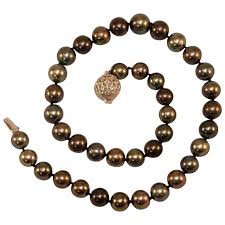 Peacock Tahitian Cultured Pearl Necklace with 14K White Gold and . For Sale at Ruby Lane