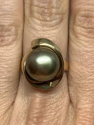 14k 12.4mm Black Tahitian Pearl Yellow Gold Ring 7.6 Grams ...