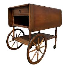 Vintage Wood Rolling Bar Cart by Hekman With Faux Bamboo, Woven Rattan, Large Wheels and Expanding Drop Leaf Table Top | Chairish