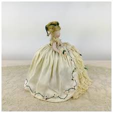 1900s Pincushion Half Doll finest bisque antique lace embroidered silk. For Sale at Ruby Lane
