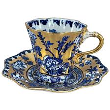 Coalport Y1006 Blue Floral & Heavy Gold Chocolate Cup & Saucer C. . For Sale at Ruby Lane