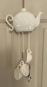 NEW White Ceramic Porcelain Teapot, Cups & Spoons Wind Chime Indoor Outdoor | eBay