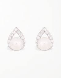 Elegant Teardrop Hoop Sterling Silver Studs with Pearls & CZ ...