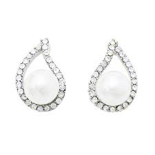 Pave Crystal Teardrop Faux 5mm Pearl Post Earrings, 0.75 ...