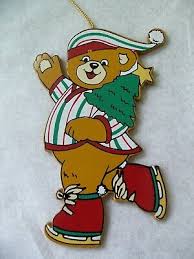 Vtg Teddy Bear Ice Skating Wood Flat Christmas Ornament ...