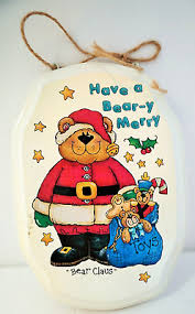 Vtg wooden BEAR in w/Christmas Tree~WALL DECOR~LABELED ...