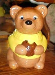 Sweet vintage brown bear cookie jar wearing sweater with cookie (item #1313344)