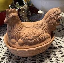 Vintage Terracotta Hen on Nest/Basket; Baker/Trinket Box ...