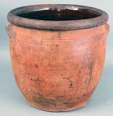 Sold at Auction: Antique redware pottery crock/cream pot: unmarked, cream, wide lip-rim crock in flat unglazed exterior with brown glazed interior; applied ear handles; 11” T X 12 ½” Dia.