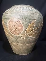Pottery Vase with Flowers, Leaves, Vines -- Hand Painted and Sculpted Studio Art | eBay