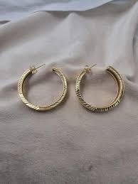 Geometric Brass Hoop Earrings, Carved Gold Plated Half Hoops ...