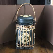 Thai Rice Seed Box Basket Black Gold Painted Bamboo Wicker ...