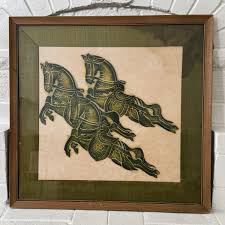 Vintage Chinese Flying War Horses Wall Art Framed Antique Asian Art 24”x24” | eBay