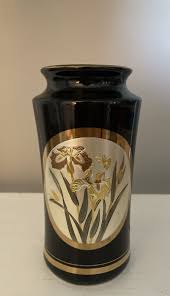 Black Chokin 6” Vase With Gold Trim Gold Green Flowers Fine Porcelain Chokio | eBay