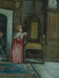Antique 1913 Watercolor of Interior Scene W/ Young Girl UK ...