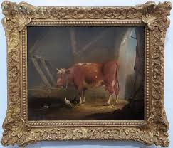 Thomas Sidney Cooper - Cow and Chickens in Stable /// Thomas Sidney Cooper British Farm Animal Painting For Sale at 1stDibs