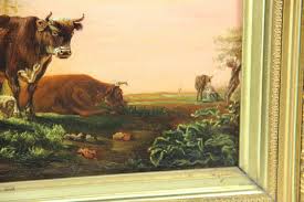 German school 1900s Oil panel painting cows in the field farm | FF-Antiques