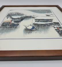Japanese Watercolor Art Print Village Bridge Under Snow ...