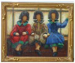 Contemporary colorful impressionist painting of three women sitting on. For Sale at Ruby Lane