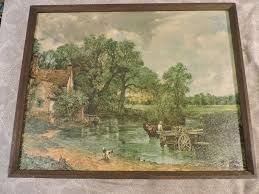 Vintage wall art picture painting farm rural wagon river wood frame canvas | eBay