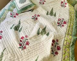 Hand Block Print Cotton Quilt: Reversible Floral Blanket ...
