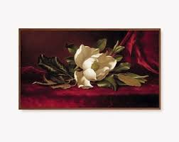 Samsung Frame TV Vintage Magnolia Flower Painting, White Floral Artwork, Red Velvet Antique Still Art, Classic Wall Decor Digital Download - Etsy