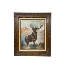 Vintage Elk Painting Framed, Mountain Landscape Art ...