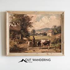 Vintage Style Cow Farmer Landscape Wall Art Print | Barn ...