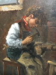 ALBERTO CECCONI COBBLER SHOP HUGE OIL ON BOARD PAINTING VERY ...