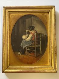 Antique Painting Masterful Portrait Mother Baby Kitten Cat ...