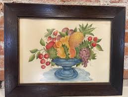 Vintage LARGE Theorem Painting on Velvet Folk Art Fruit in ...