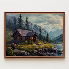 Cabin Wall Decor Painting Bear Mountain River Scenery Large ...