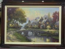 Sold at Auction: Thomas Kinkade, Thomas Kinkade Oil Painting titled Cobblestone Bridge