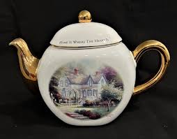 THOMAS KINKADE - WHITE & GOLD TEA POT with LID - "Home Is ...