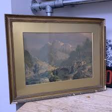 Vintage Large Print - Mountain Range with Alpine Mill & Bridge - Gold Frame | eBay