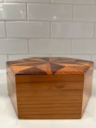 1950s Folk Art Parquetry Tramp Art Wood Decorative Box in Lathe Turned, Oak & Walnut | Chairish