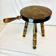1950s Vintage Americana Rustic 3-Leg Wooden Stool With Handle, Eagle & Stars Motif. | Chairish