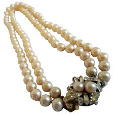 Lovely 1950's 2 Strand Faux Pearl Necklace with Rhinestone Fancy Clasp. For Sale at Ruby Lane