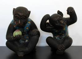 Contemporary Pair of Robert Kuo Metal Cloisonné Monkey Table Sculptures Blue at 1stDibs