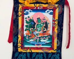 Tibetan Green Tara Thangka: Hand-painted Brocade ...