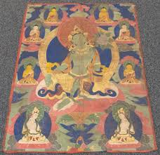 Lot - Himalayan Polychrome and Gold Painted Fabric Thangka ...