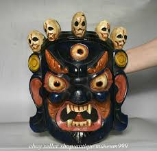 10.8" Old Tibet Wood Black Painting Buddhism Mahakala ...