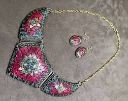 Tibetan Mosaic Jewelry Set: Stone Bib Necklace, Afghan Boho ...