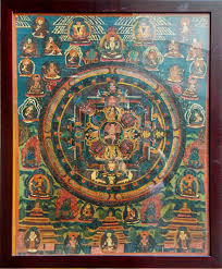 Ancient Thangka Mandala in a framed precious wood late 19th ...