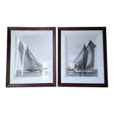 A Pair of Mahogany Framed Black and White Sail Boat ...