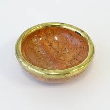 Italian 1960s small red travertine stone and brass trim bowl For Sale at 1stDibs