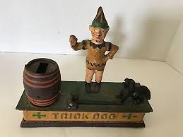 Vintage Cast Iron Trick Dog Bank Clown Lever Spring w/ Coin - Reproduction | eBay