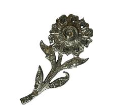 Flower on Stem Rhinestone Silver Pot Metal Brooch circa ...